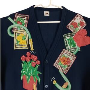 Fruit of the Loom Vintage Sweatshirt Cardigan OSFA Navy Blue Patched Garden Boho